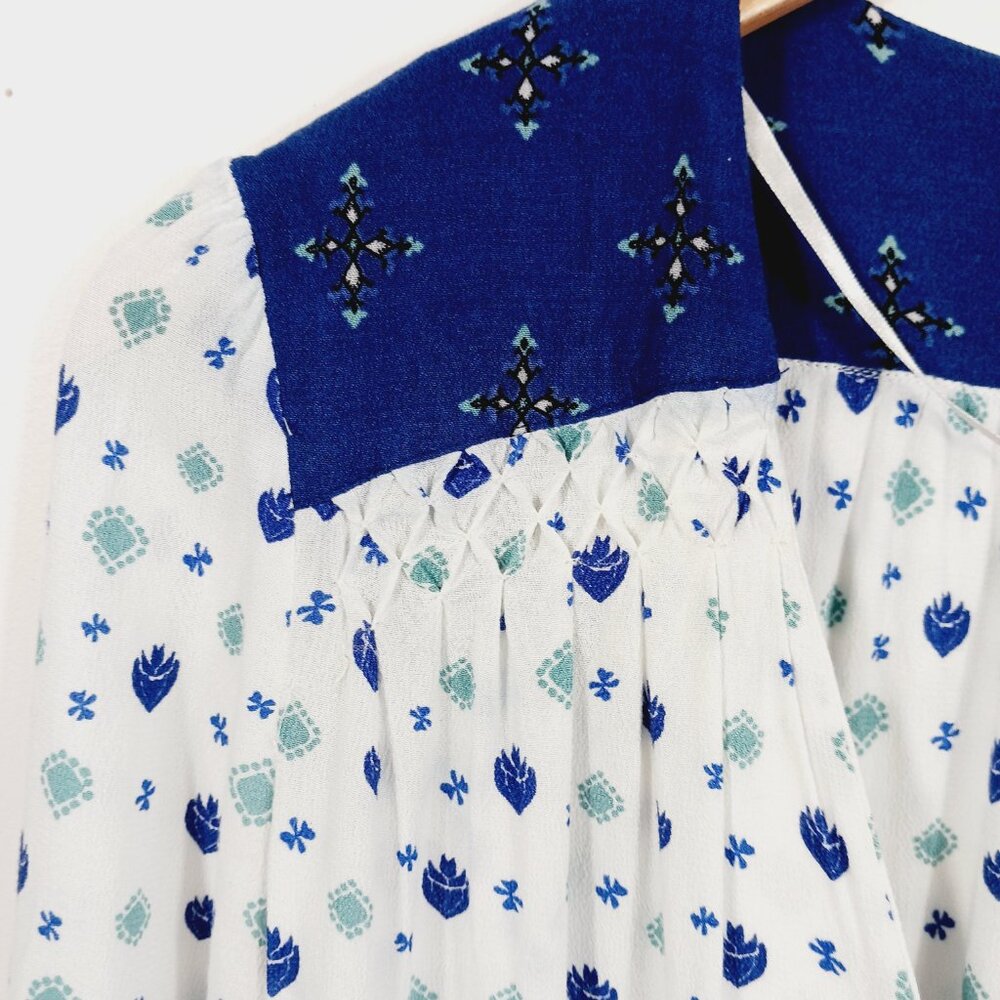 Free People Top, Size S, Wrap Front, Long Sleeve, White/Blue, Smocking, Boho - Picture 4 of 15